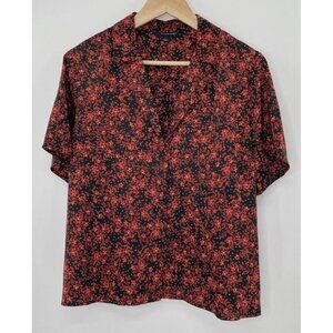 Halogen Women’s Black Floral‎ Satin Collared Button Up Blouse Size Small